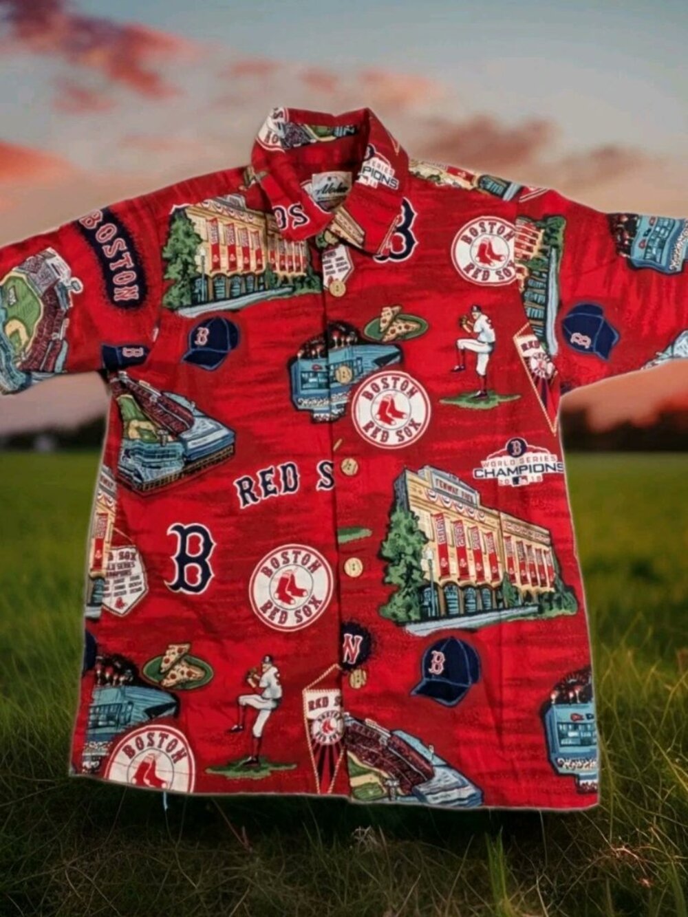 Reyn Spooner Kids Boston Red Sox Hawaiian Button-Up Shirt Size Medium
